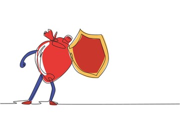 Poster - Single one line drawing human heart organ mascot holding shield for protection. Health of cardiovascular system. Power and strength of heart organ. Continuous line draw design vector illustration