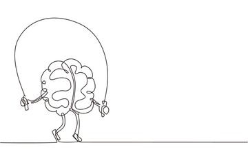 Poster - Single continuous line drawing brain training with rope jumping flat design. Creative idea. Fitness brain concept. Doodle style. Character brain for sport, education. One line draw vector illustration