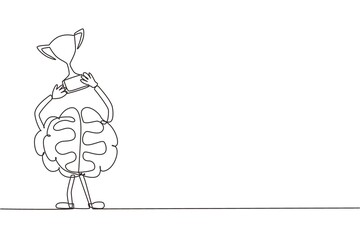 Poster - Single continuous line drawing brain with cup of the winner is on podium, won first place. Champion cartoon brain concept. Flat style design of education character brain. One line draw graphic vector