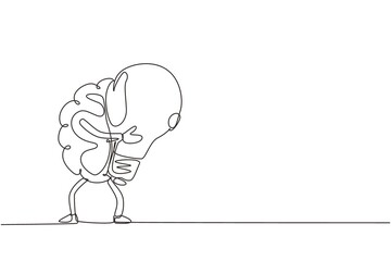 Poster - Single one line drawing brain holds the light bulb. Symbol of new idea that came to mind. Brain character inspired by the idea soars up. Modern continuous line draw design graphic vector illustration