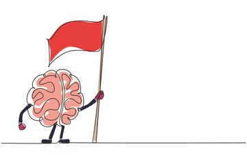 Poster - Single one line drawing cartoon brain standing with flag, funny human nervous system organ. Flat design of character brain for education theme. Continuous line draw design graphic vector illustration