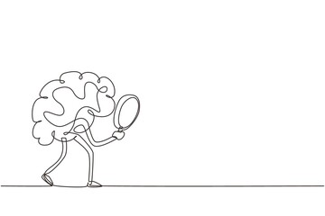 Poster - Single one line drawing brain mascot character holding magnifying glass in search of something concept, looking through it with big eye. Modern continuous line draw design graphic vector illustration