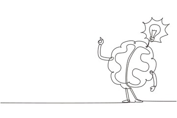 Poster - Single one line drawing human brain invented something with bulb icon. Found the answer cartoon brain concept. Flat style design of brain for education. Continuous line draw design vector illustration