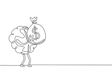 Poster - Single continuous line drawing rich human brain cartoon design holds money bags. Cute brain mascot illustration holding bag full of money. Dynamic one line draw graphic design vector illustration