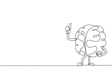 Poster - Single continuous line drawing happy human brain character with gesture thumb up. Flat doodle style knowledge concept design of emotional brain. One line draw graphic design vector illustration