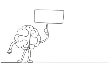 Poster - Single continuous line drawing brain with sign template mascot character. Cartoon brain holding placard with blank board. Concept design brain need attention. One line draw design vector illustration