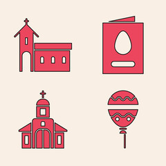 Sticker - Set Balloons with ribbon, Church building, Greeting card with Happy Easter and Church building icon. Vector