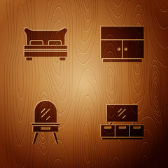 Sticker - Set TV table stand, Big bed, Dressing and Wardrobe on wooden background. Vector