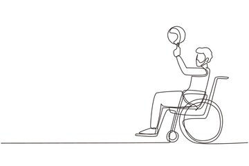 Poster - Single continuous line drawing Arab guy in wheelchair plays basketball. Disabled person spins basketball on his finger. Exercise for people with disabilities. One line draw design vector illustration