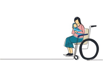 Poster - Single continuous line drawing parents with newborn baby. Woman hold baby, sitting in wheelchair. Disabled woman holding baby in her arms. Family love concept. One line draw design vector illustration