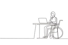 Single Continuous Line Drawing Young Woman Uses Wheelchair, Working With Computer In Office. Online Job And Startup. Physical Disability And Society. One Line Draw Graphic Design Vector Illustration