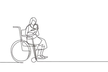 Poster - Single continuous line drawing parents with newborn baby. Woman hold baby, sitting in wheelchair. Disabled woman holding baby in her arms. Family love concept. One line draw design vector illustration