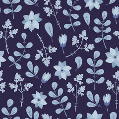  WInter seamless pattern with blue plants and flowers.