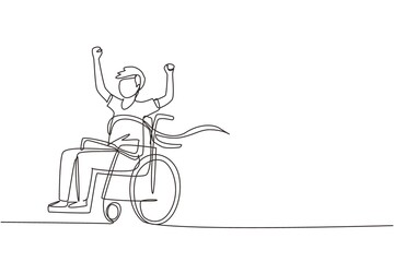 Poster - Continuous one line drawing male young wheelchair user crossing red finish line. Happy winner, successful champion. Society, disabled people community. Single line draw design vector illustration