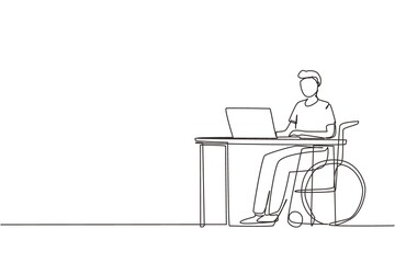 Poster - continuous one line drawing young man uses wheelchair and working with computer in office. online jo