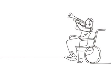 Poster - Single one line drawing Arab male in wheelchair playing trumpet during music lesson. Physically disabled. Person in hospital. Rehabilitation center patient. Continuous line draw design graphic vector