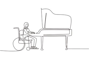 Poster - Continuous one line drawing disabled young Arab woman in wheelchair playing piano in concert. Disability and classical music. Physically disabled. Single line draw design vector graphic illustration
