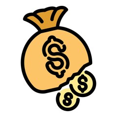 Sticker - Bankrupt money bag icon. Outline bankrupt money bag vector icon color flat isolated