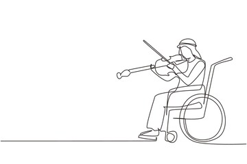 Wall Mural - Continuous one line drawing disability and music. Arabian man in wheelchair plays violin. Physically disabled. Person in hospital. Rehabilitation center patient. Single line draw design vector graphic