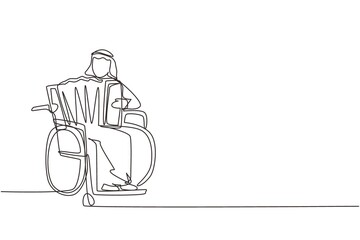 Poster - Single continuous line drawing disabled Arab man in wheelchair playing accordion music. Physically disabled. Person in hospital. Rehabilitation center patient. One line draw design vector illustration