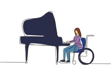 Poster - Continuous one line drawing disabled beautiful woman in wheelchair playing piano in concert. Disability and classical music. Physically disabled. Single line draw design vector graphic illustration