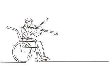 Poster - Single continuous line drawing disability and music. Man in wheelchair plays violin. Physically disabled, injured. Person in hospital. Rehabilitation center patient. One line draw design vector