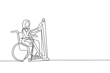 Poster - Single one line drawing elegant woman sitting in wheelchair plays harp in concert. Disability and classical music. Physically disabled. Rehabilitation center. Continuous line draw design vector
