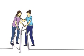 Poster - Single continuous line drawing woman walking in medical rehabilitation, physical therapy. Female in recovery doing exercises. Girl therapist helping in rehab healthcare. One line draw design vector