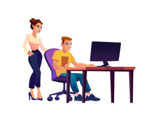 Aufkleber - Office worker at computer with colleague isolated cartoon characters. Vector boss businesswoman and employee, work situation. Teamwork and support at workplace, table desk with monitor screen
