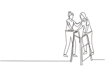 Wall Mural - Single continuous line drawing woman walking in medical rehabilitation, physical therapy. Female in recovery doing exercises. Girl therapist helping in rehab healthcare. One line draw design vector