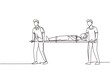 Single one line drawing ambulance emergency medical service. staff is carrying patient in stretcher. Emergency doctor carrying man on stretcher. Continuous line draw design graphic vector illustration