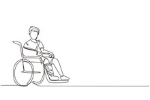 Continuous One Line Drawing Injured Upset Boy In Gypsum Or Cast, Sitting In Wheelchair Suffering From Pain. Leg Accident. Wounded Little Boy. Single Line Draw Design Vector Graphic Illustration