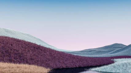 Surreal mountains landscape with blue, purple peaks and teal sky. Minimal modern abstract background. Shaggy surface with a slight noise. 3d rendering