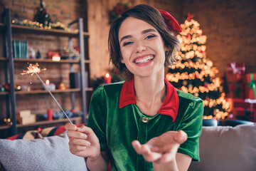 Wall Mural - Photo of positive friendly lady hold bengal fire video call talk wear elf costume in decorated home indoors