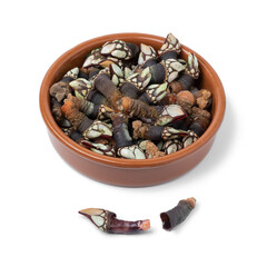 Fresh cooked goose barnacles in a bowl close up as snack food isolated on white background 