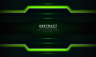 Wall Mural - Abstract 3D green techno background overlap layers on dark space with light lines effect decoration. Modern template element future style concept for flyer, card, cover, brochure, or landing page