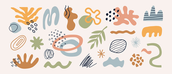 Poster - Modern set of different hand drawn various shapes, plants, tropical elements and doodle objects. Abstract contemporary trendy vector design. Natural organic illustration