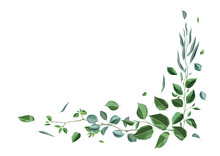 Decoration With Branches And Green Leaves. Spring Or Summer Stylized Foliage.
