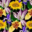 Seamless background with a flowers ornament, fashionable modern wallpaper or textile. Illustration tulips, irys, tigridia, sunflowers background.