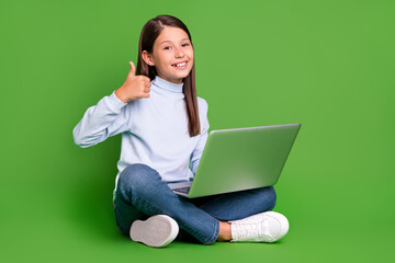 Poster - Photo of pretty beautiful schoolgirl wear blue turtleneck chatting modern device showing thumb up isolated green color background