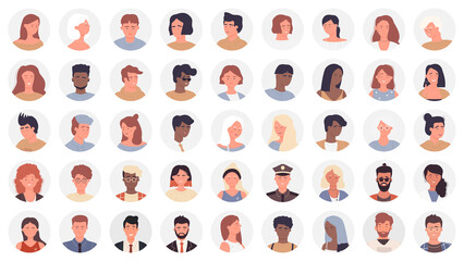 icon avatars of people, different profession and age vector illustration set. cartoon round avatar f