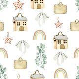 Watercolor seamless pattern with toy suitcase, eucalyptus, star, bow, rainbow. Isolated on white background. Hand drawn clipart. Perfect for card, fabric, tags, invitation, printing, wrapping.
