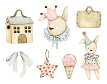 Watercolor Illustration Set With Bunnies, Bow, Ice Cream, Star, Toy Suitcase. Isolated On White Background. Hand Drawn Clipart. Perfect For Card, Postcard, Tags, Invitation, Printing, Wrapping.