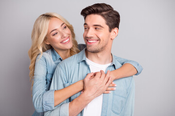 Sticker - Photo of young couple happy positive smile embrace love feelings spouses isolated over grey color background