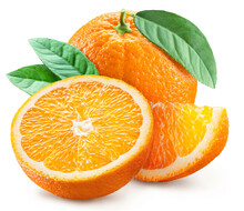 Orange Fruits And Orange Slice With Green Leaves On White Background. File Contains Clipping Path.