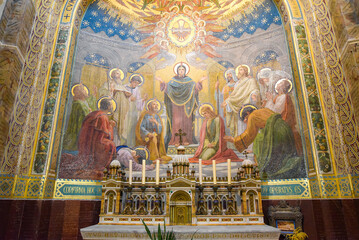 Lourdes, France - 9 Oct, 2021: Religious art and architecture within the Basilica Sanctuary of Our Lady of Lourdes