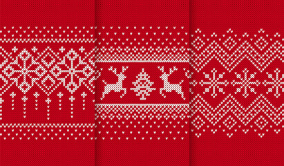 Poster - Knit seamless pattern. Red knitted textures. Christmas borders. Set Xmas prints. Holiday backgrounds. Fair isle traditional ornament. Festive sweater. Vector illustration.