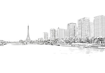 Romantic landscape view of the Eiffel Tower and Sena River. Paris, France. Urban sketch. Hand drawn vector illustration