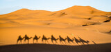 Fototapeta  - Shadow of tourists caravan riding dromedaries through sand dunes in Sahara desert near Merzuga in Morocco - Wanderlust travel concept with travelers on camel trip adventure tour - Warm filter