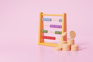 Cartoon minimal style Colorful abacus and coins on pink pastel background, arithmetic game learn counting number concept, finance education. 3D render illustration